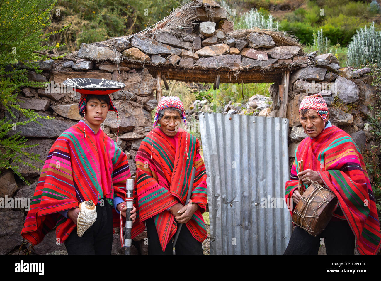 Sacred Valley, Cusco, Peru - Oct 13, 2018: A group of musicians in a rural Quechua community near  the Sacred Valley Stock Photo
