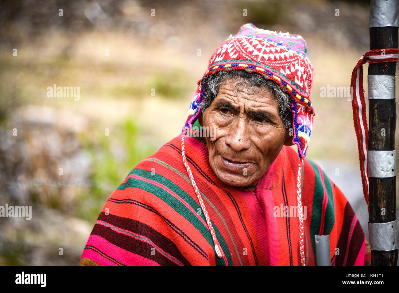 Sacred Valley, Cusco, Peru - Oct 13, 2018: An indigenous Quechua man in traditional dress Stock Photo