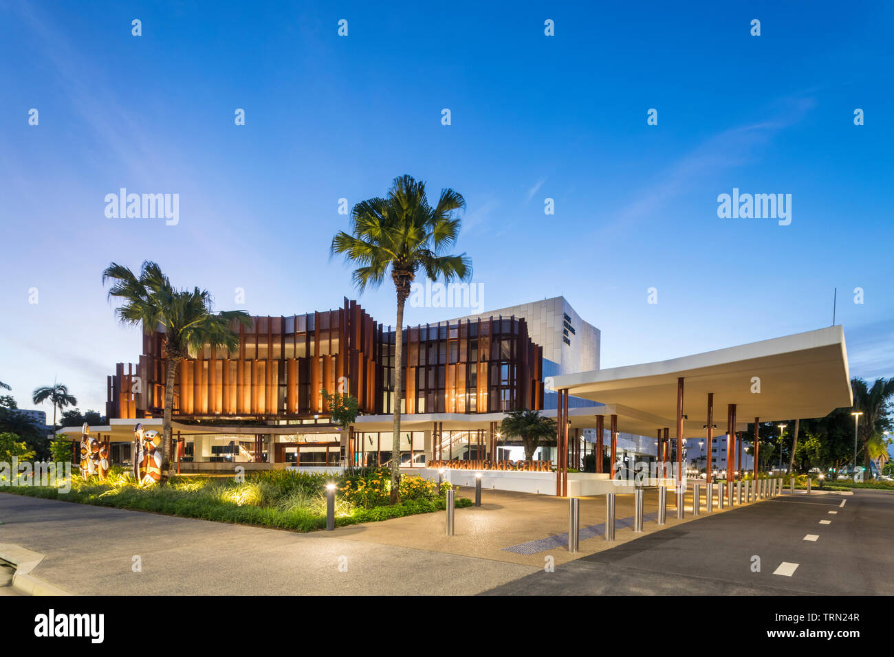 The Cairns Performing Arts Centre illuminated at twilight, Cairns, Queensland, Australia Stock Photo