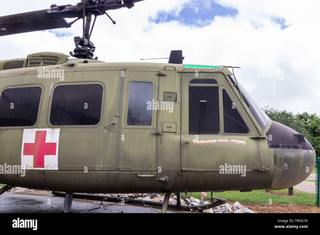 McDonough, Georgia / USA - June 9, 2019: A Huey UH-1F model 205 helicopter on display outside of the Veteran's Museum in Heritage Village at Heritage Stock Photo