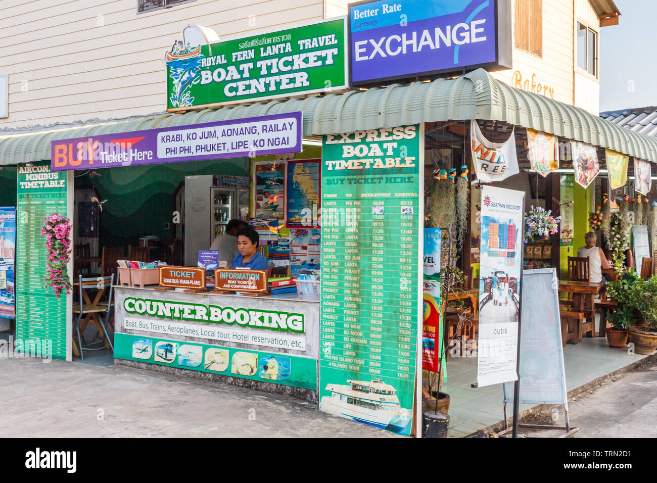 Koh Lanta, Thailand-Feb 2nd 2015: A travel agency office in the town. Tickets can be bought for transfer by  boat and bus to various places. Stock Photo