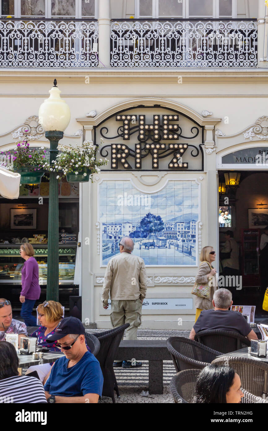 Patrons dining outside of The Ritz Cafe in Funchal, Madeira. Stock Photo