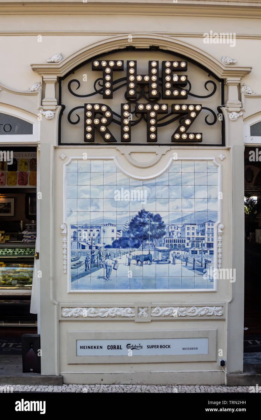 Wall tiles at the entrance of The Ritz Cafe in Funchal, Madeira. Stock Photo