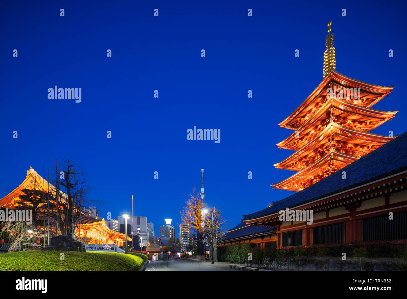 Asia, Japan, Tokyo, Asakusa, Sensoji temple and Tokyo Skytree Stock Photo
