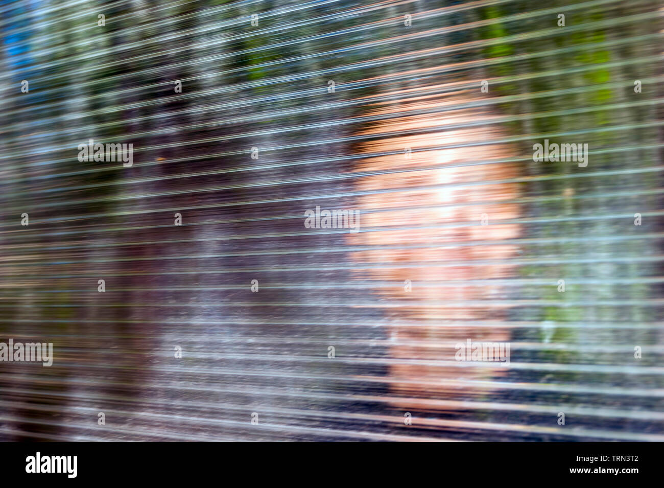 Blurred Smiling Young Face behind Dusty Fluted, Ribbed Glass or Clear Polycarbonate Corrugated Sheet. Online Anonymous, Anon Communication, False Iden Stock Photo