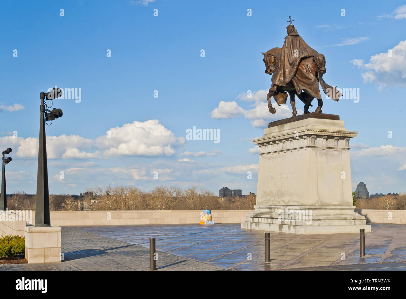 St. Louis celebrates 250 years with a birthday cake ornament near the statue of Saint Louis for the St. Louis Art Museum on an April day in 2014. Stock Photo
