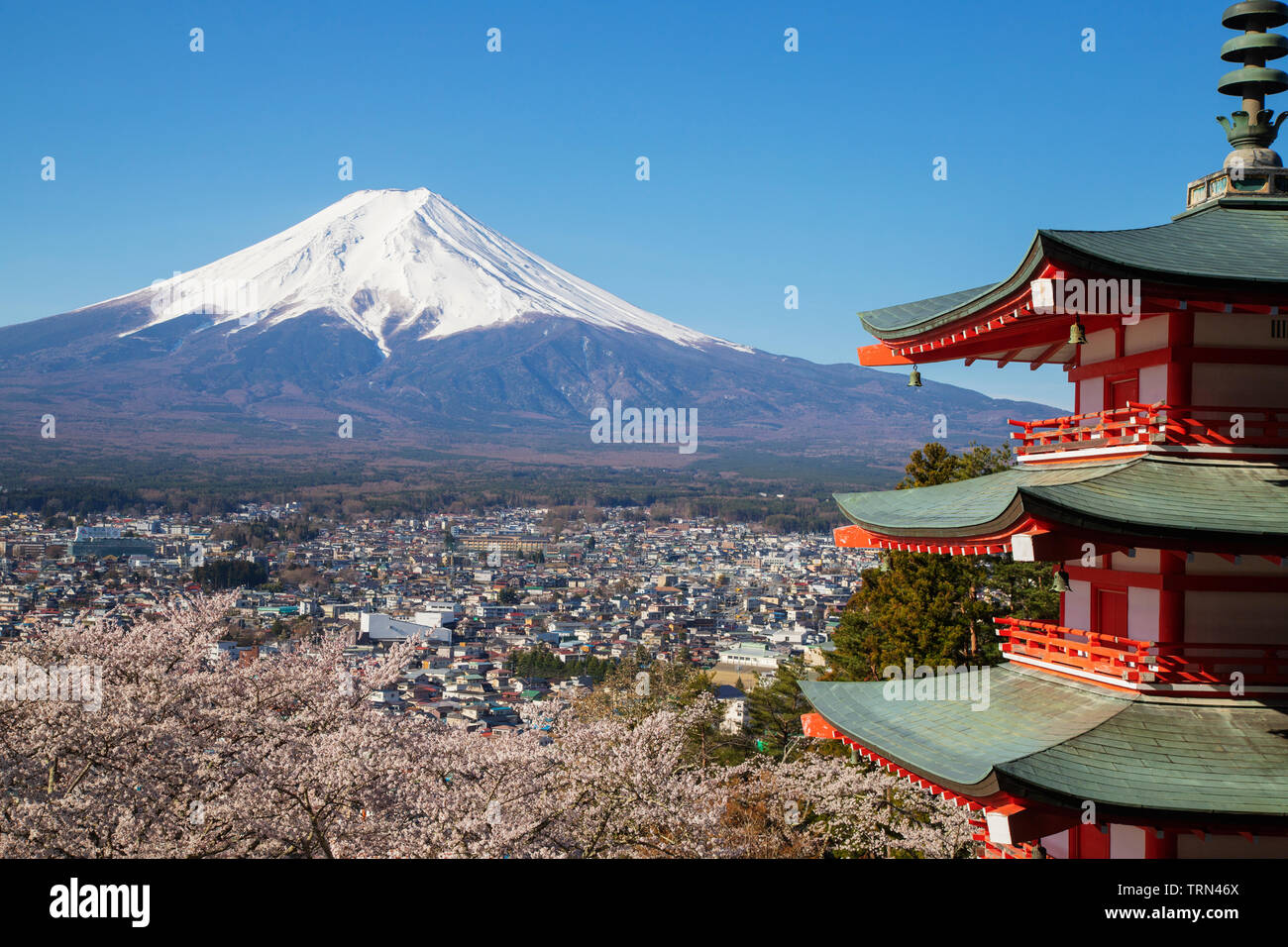 Asia, Japan, Honshu, Yamanashi prefecture, Fujiyoshida, Mt Fuji (3776m) - Unesco site, Chureito Pagoda in Arakurayama Sengen Park Stock Photo