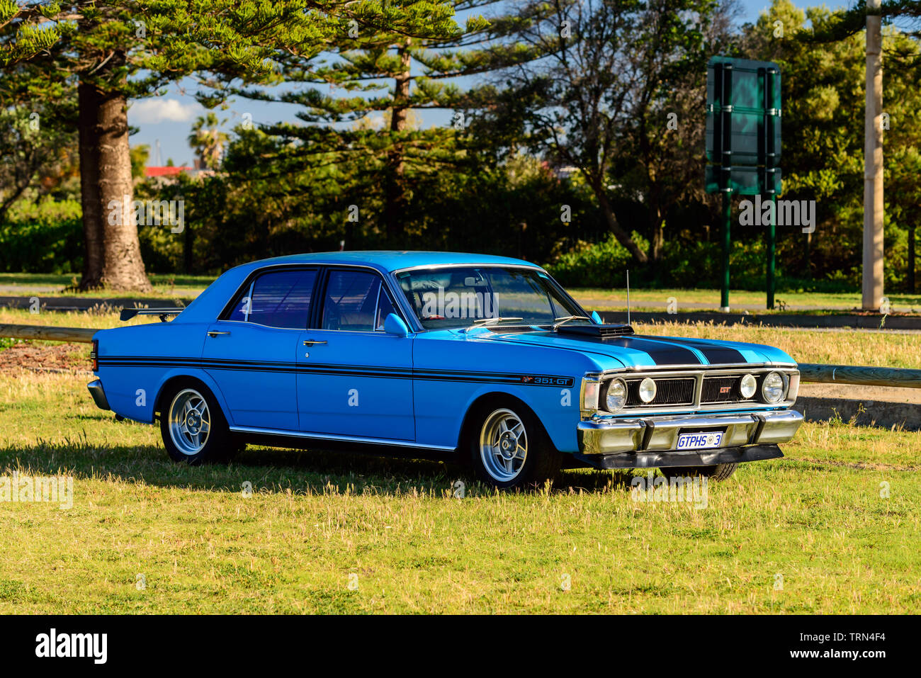Port Adelaide, South Australia - October 14, 2017: Iconic Australian made Ford Falcon 351-GT parked on the grass on a day Stock Photo