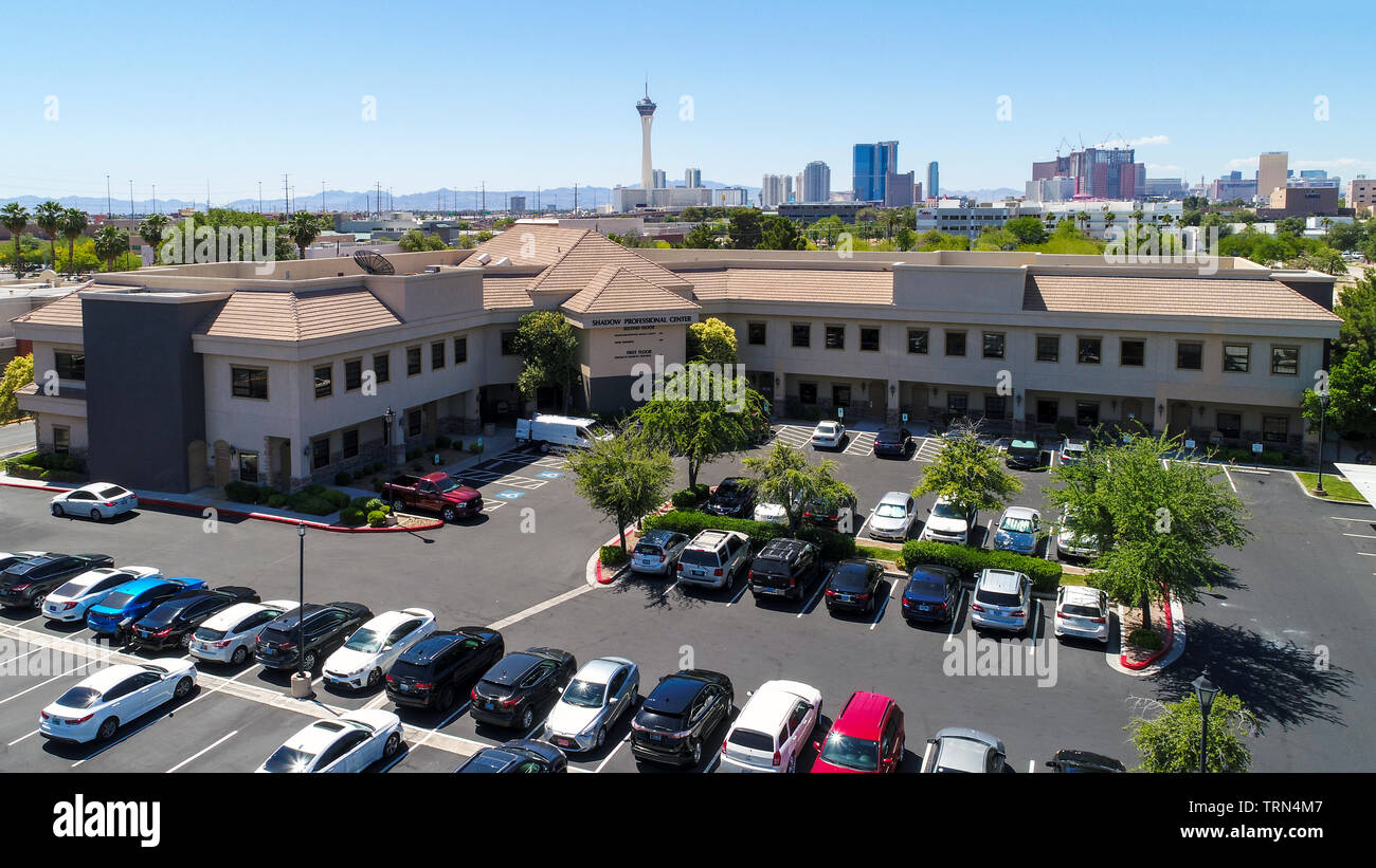 Las Vegas commercial property aerial view with The Strip skyline in background. Stock Photo