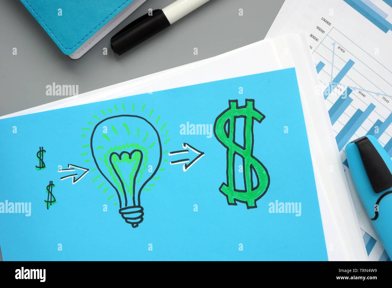 Signs of bulb and dollar. Successful business start up concept. Stock Photo