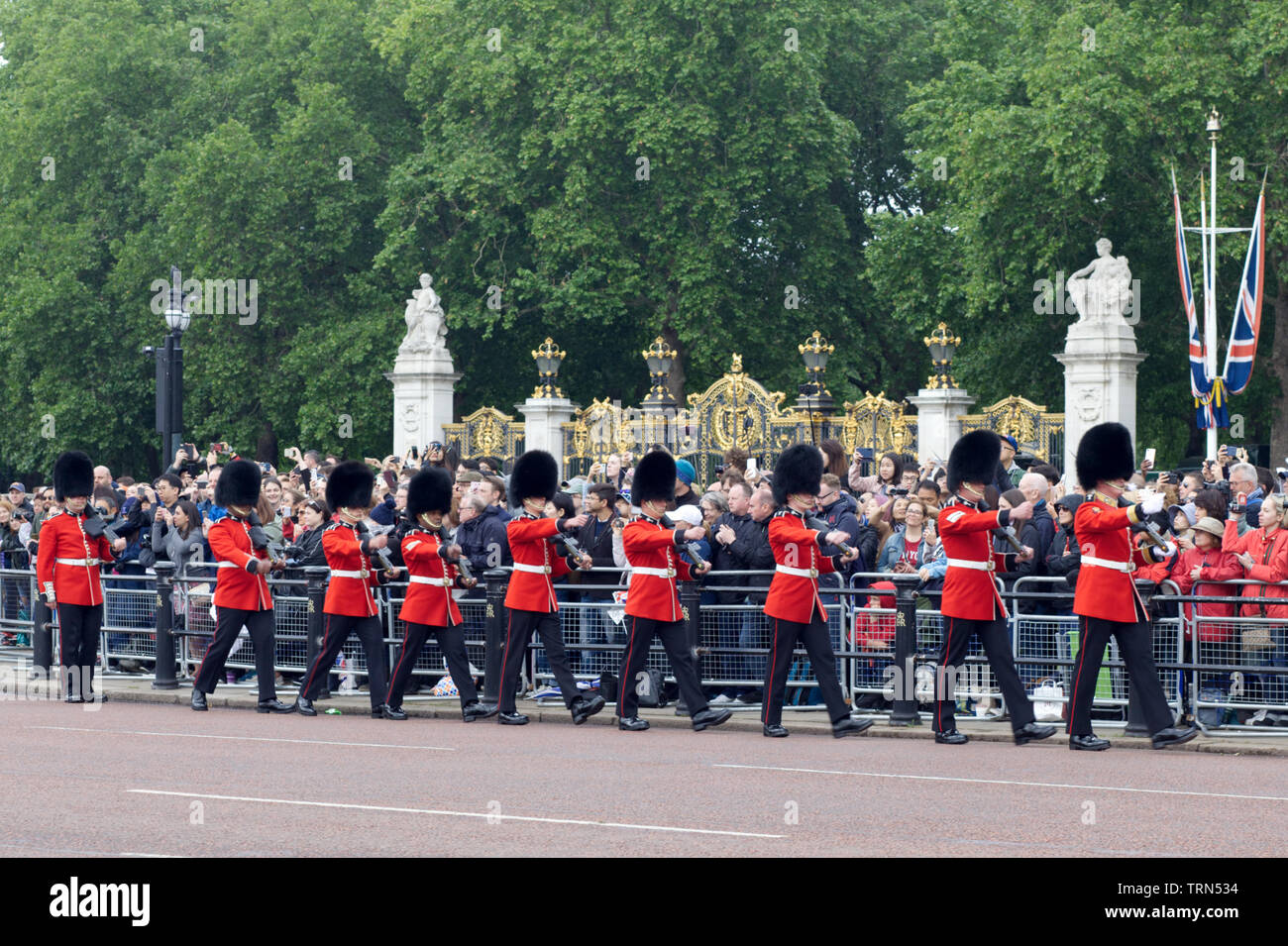 Royal Irish Regiment combined with the Irish Guard marching past Canada gate on the mall for trooping the colour 2019 Stock Photo