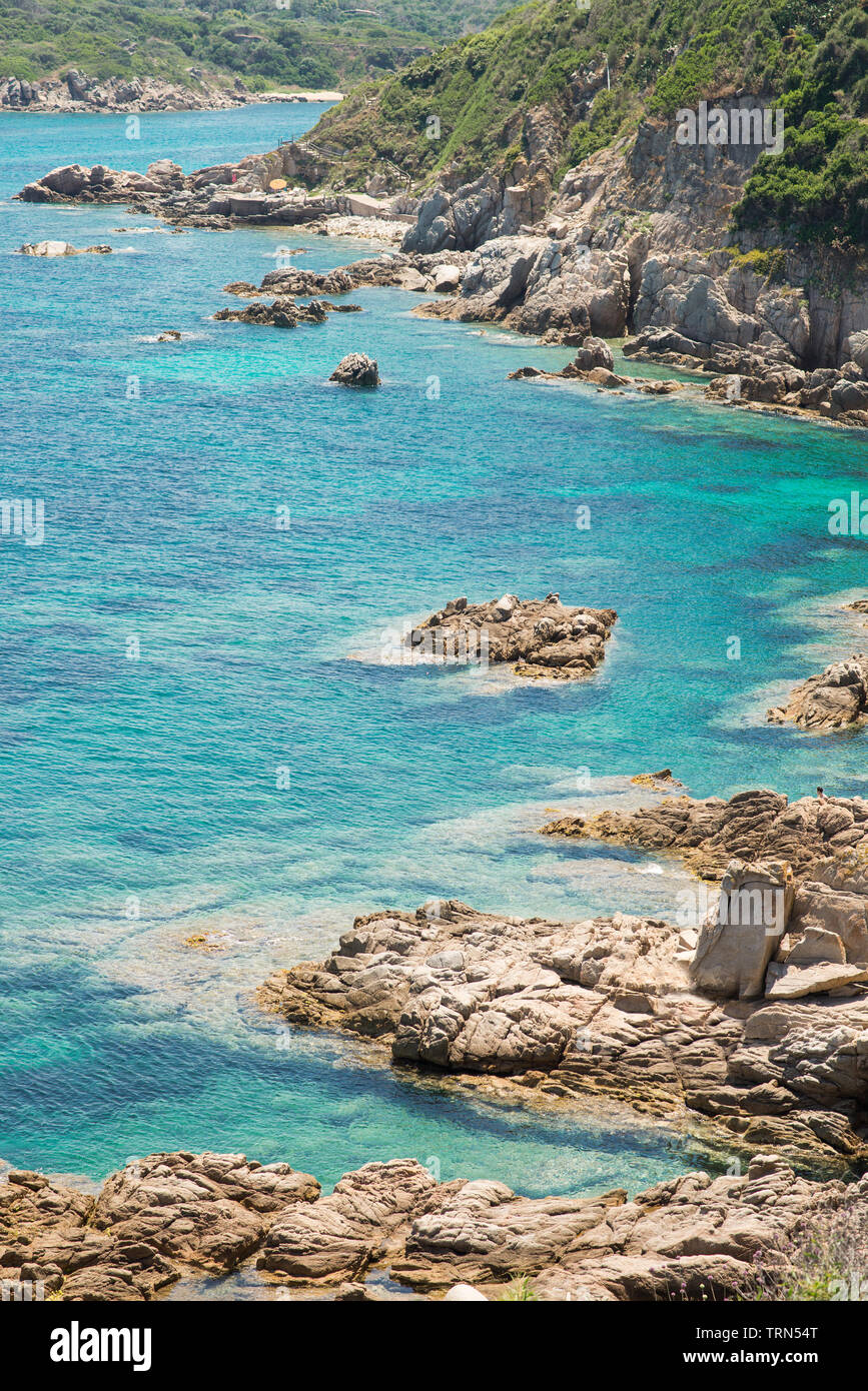 Landscape with Sea, Stones, Road and Coast of Santa Teresa di Gallura in North Sardinia Island. Italy. Stock Photo