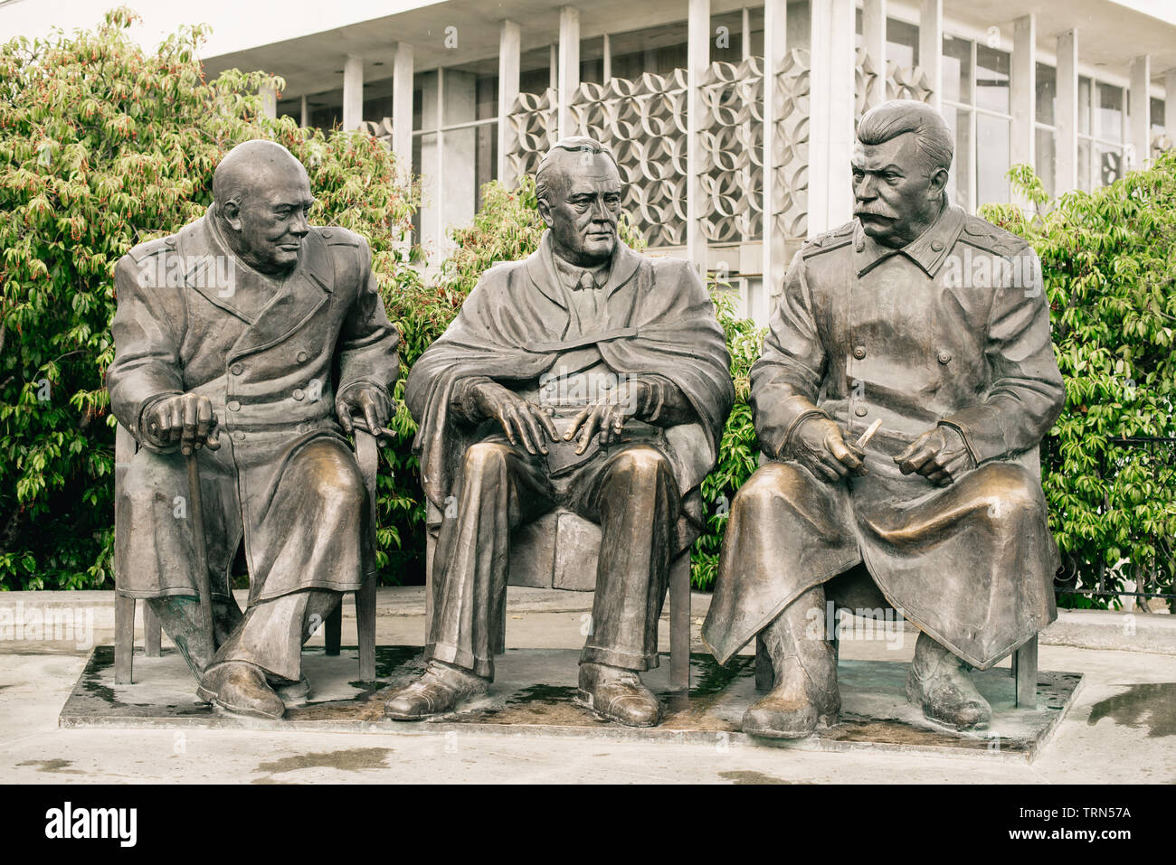 Yalta. Crimea. Russia - August 31, 2017: Monument to the Leaders of the 'Big Three' - Joseph Stalin, Franklin Roosevelt and Winston Churchill. Stock Photo