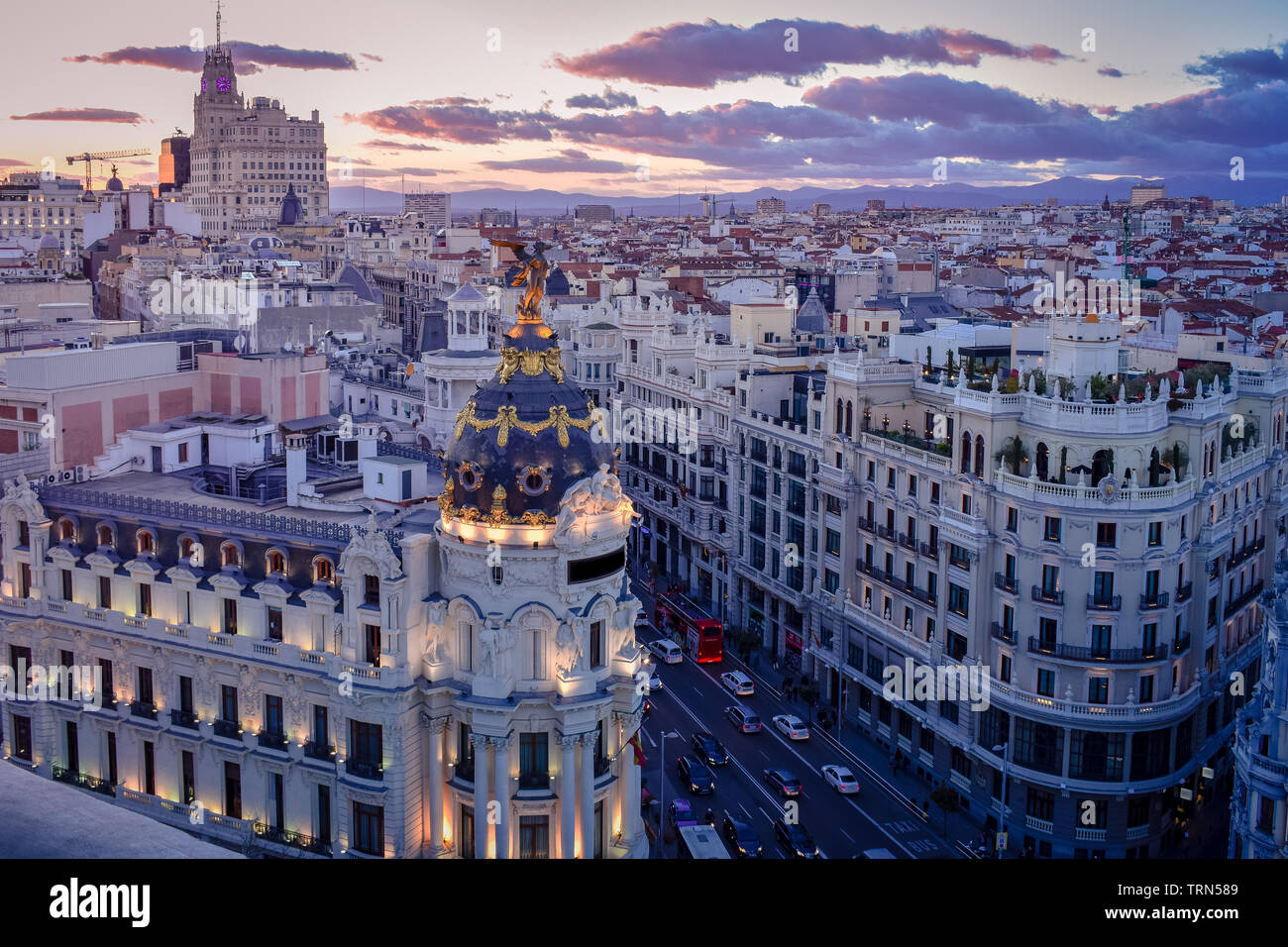 Downtown areal view of Madris from the Circulo de Bellas Artes at sunset with colourful sky. Madrid, Spain Stock Photo