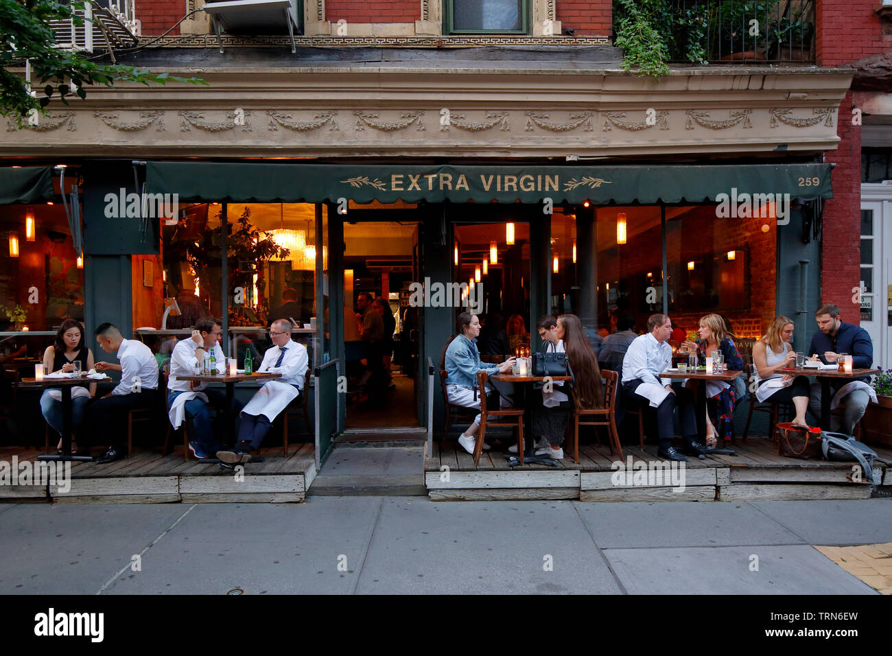 Extra Virgin, 259 West 4th Street, New York, NY. exterior storefront of a restaurant in the Greenwich Village neighborhood of Manhattan. Stock Photo