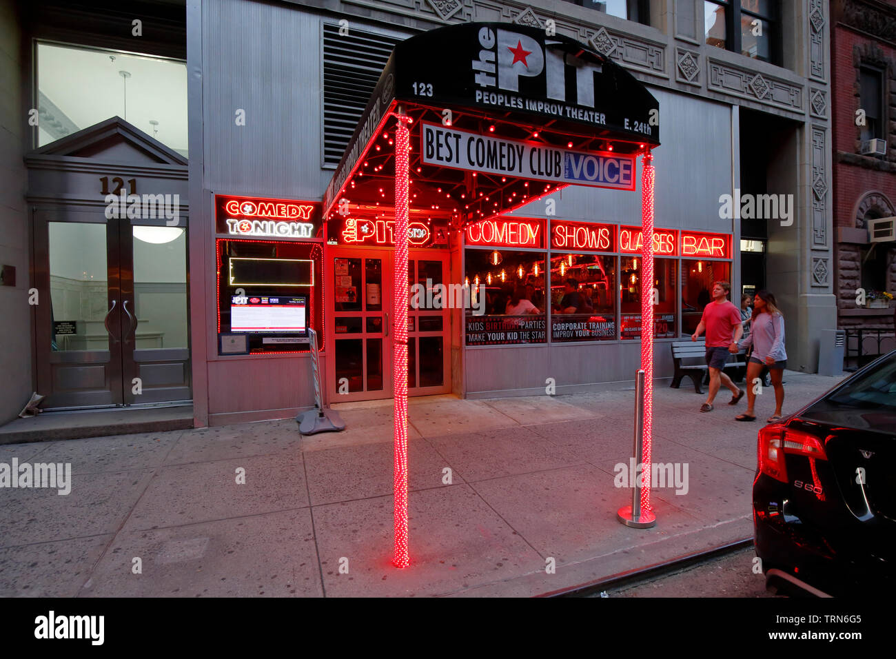 [historical storefront] The People's Improv Theater, The PIT, 123 E 24th St, New York, NY. exterior storefront of a comedy club Stock Photo