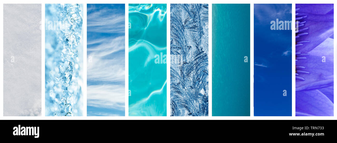 Natural blue gradation panoramic collage, blue color in nature concept Stock Photo