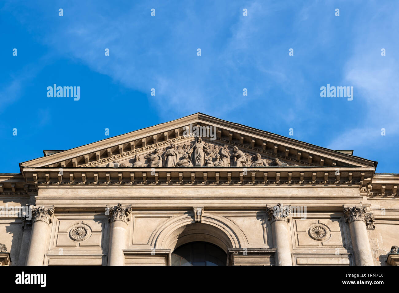 Church of All Saints pediment in Warsaw, Poland, architectural detail. Stock Photo