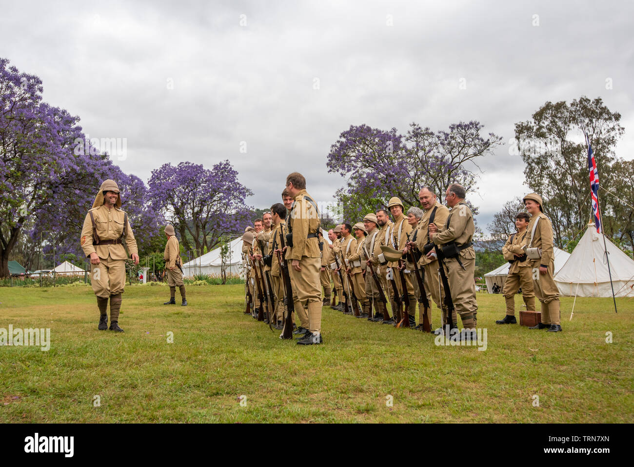 Talana Museum, Dundee, South Africa, 20th October, 2018. Members of the Dundee Diehards gather for the annual re-enactment of the October 20 1899 Battle of Talana Hill. It was the first major clash between British and Boer forces in the Second Boer War. The British suffered heavy casualties, including their general, Sir William Penn Symons, but won the day. Picture: Jonathan Oberholster/Alamy Stock Photo