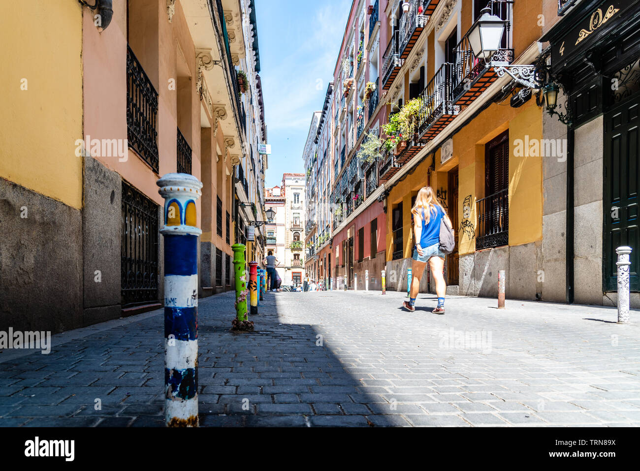 Madrid, Spain - June 9, 2019: Street scene during Graffiti festival in Malasana district in Madrid. Malasana is one of the trendiest neighborhoods in Stock Photo