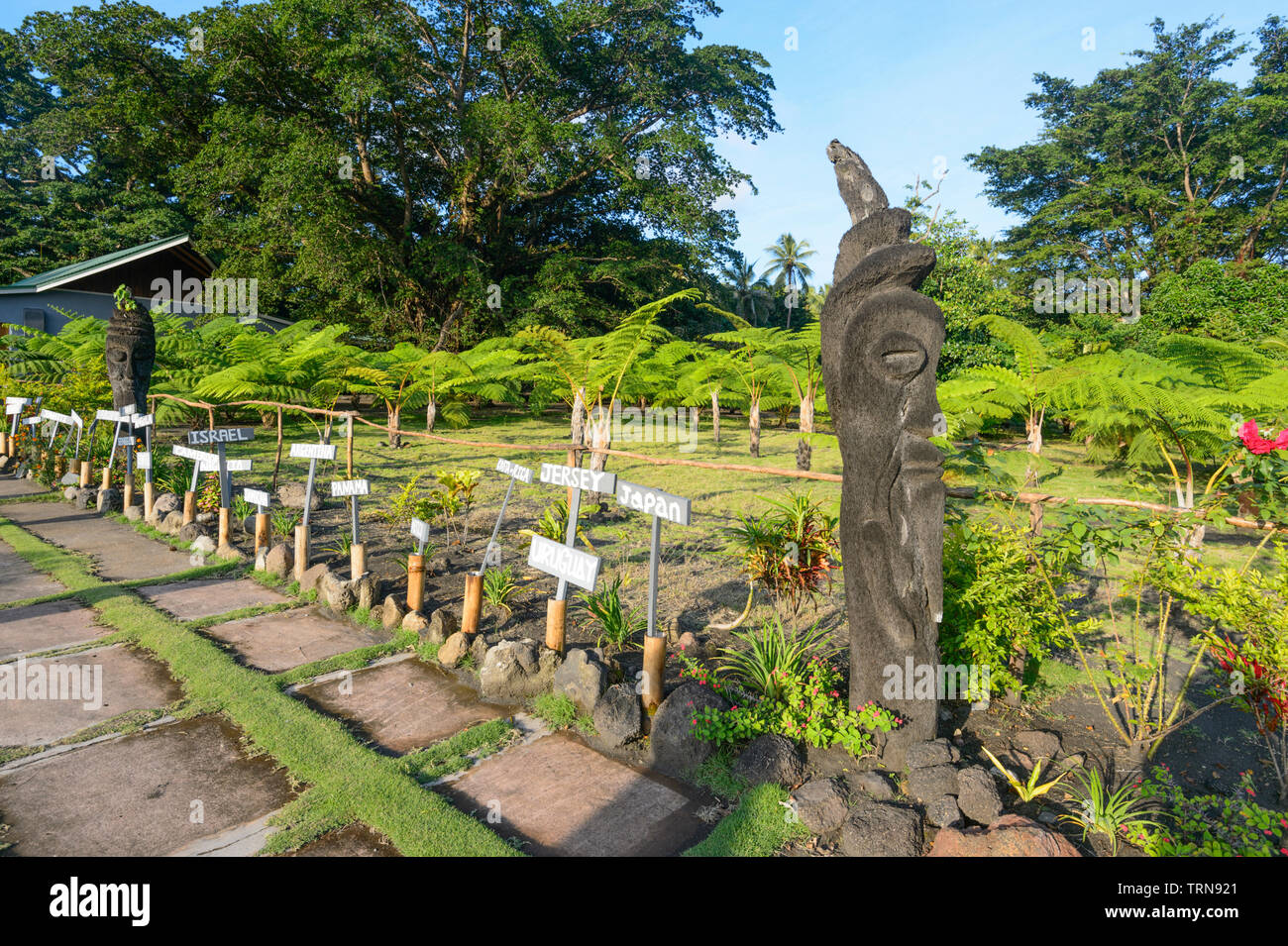 The garden near Mt Yasur Volcano has signs with visitors' country name, Tanna Island, Vanuatu Stock Photo