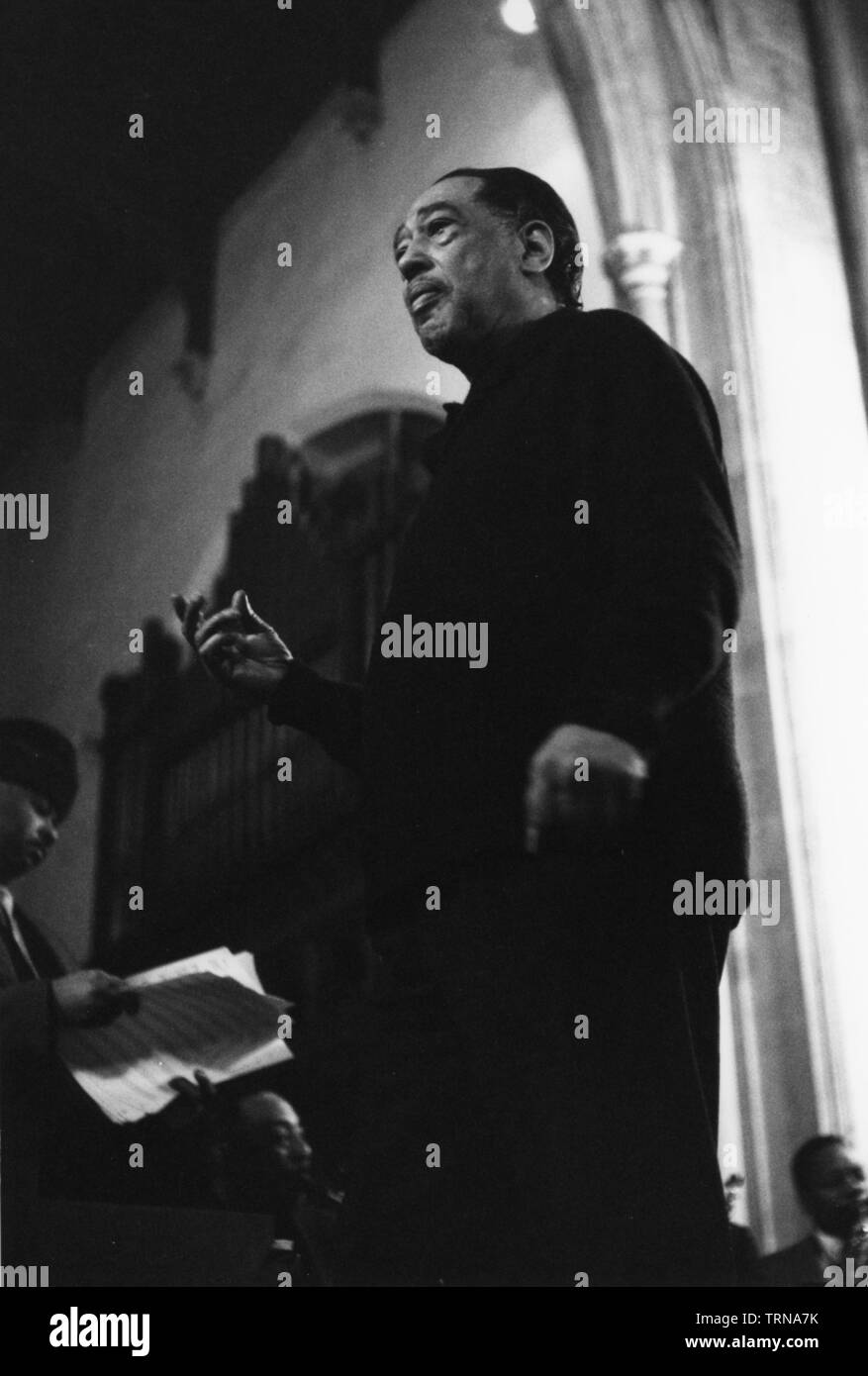 Duke Ellington, rehearsal for a Sacred Concert at Great St Mary's Church, Cambridge, 1967. Creator: Brian Foskett. Stock Photo