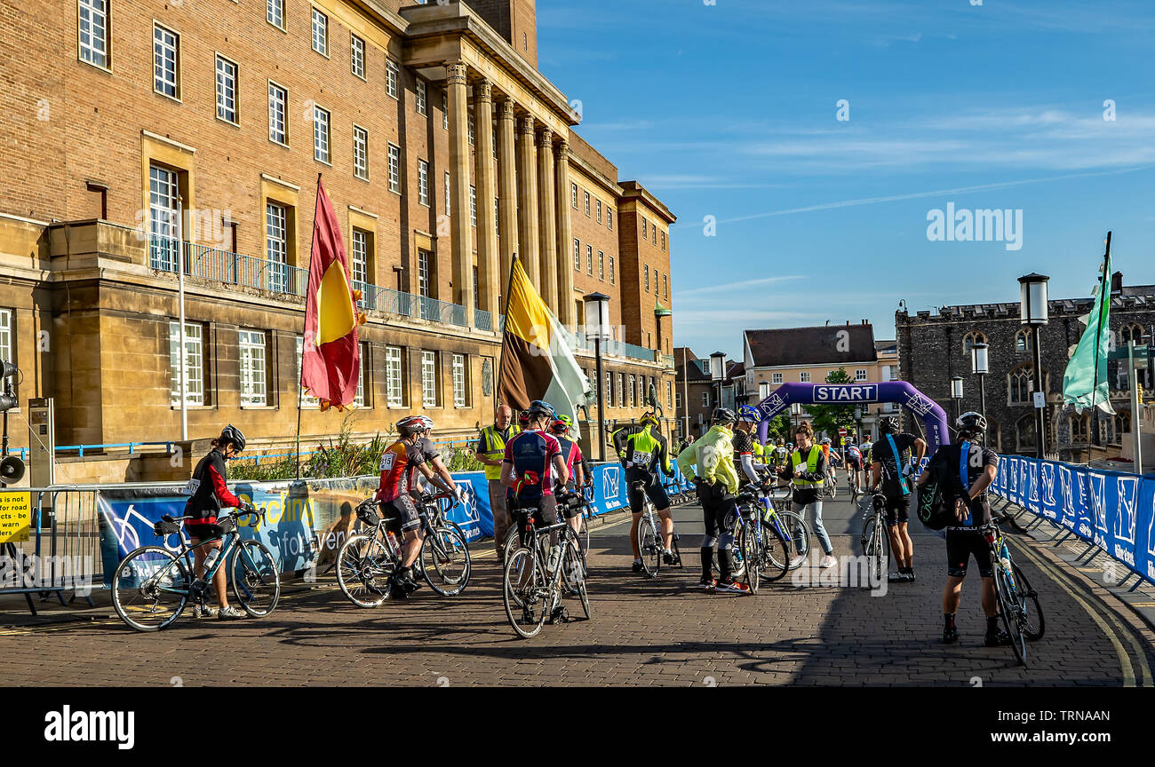 June 2019, Norwich 100 bike ride Cyclists queued up and waiting to be