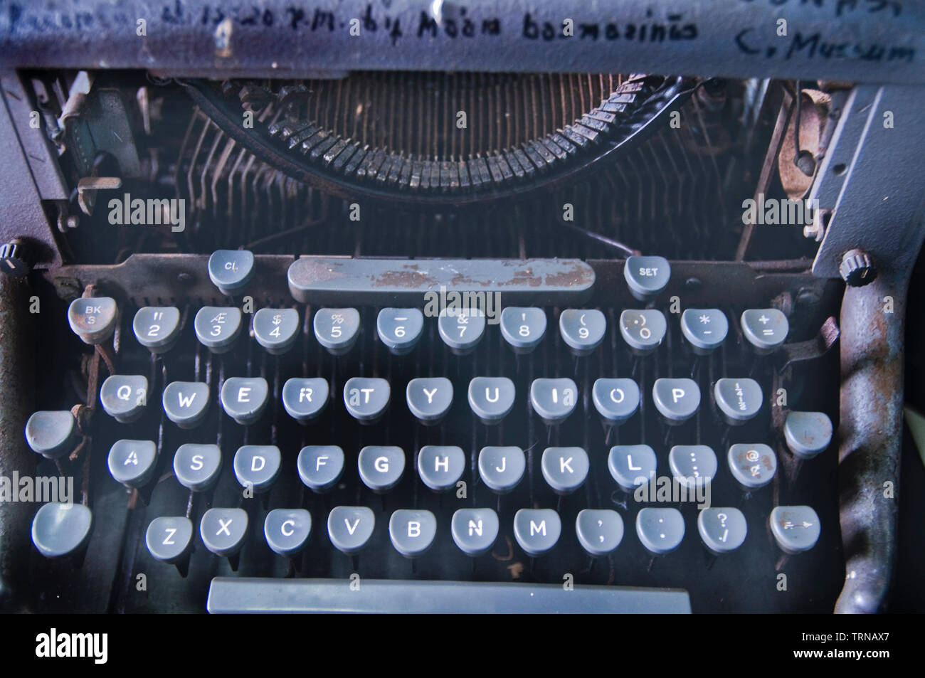 An antique typewriter was once an used when this museum was still a hospital devoted to the cure of leprosy and the care for those who had the disease. Stock Photo