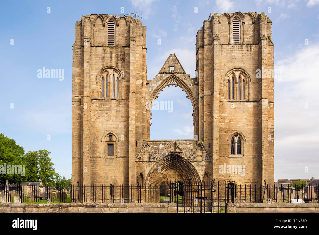 Two towers of 13th century Gothic Cathedral ruins in Elgin, Moray, Scotland, UK, Britain Stock Photo