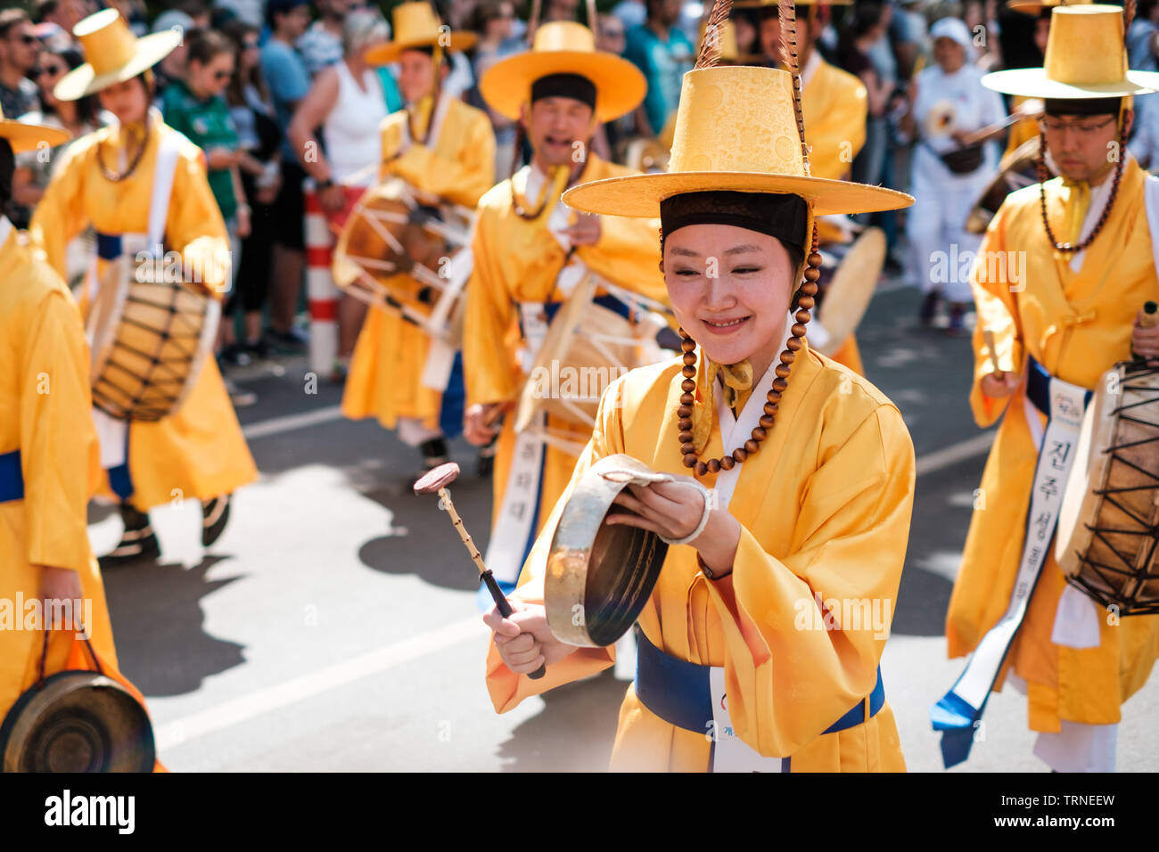 Berlin, Germany - june 2019: Korean people in traditional costumes performing at Karneval der Kulturen (Carnival of Cultures) in Berlin Stock Photo