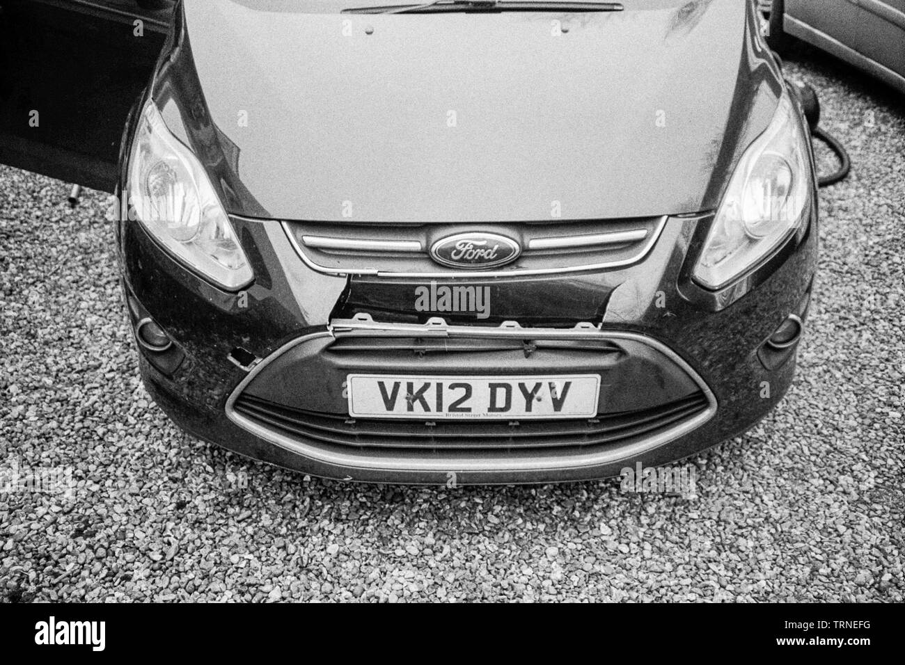 Ford Focus C-max car bonnet after a collision with a deer, Hampshire, England, United Kingdom. Stock Photo