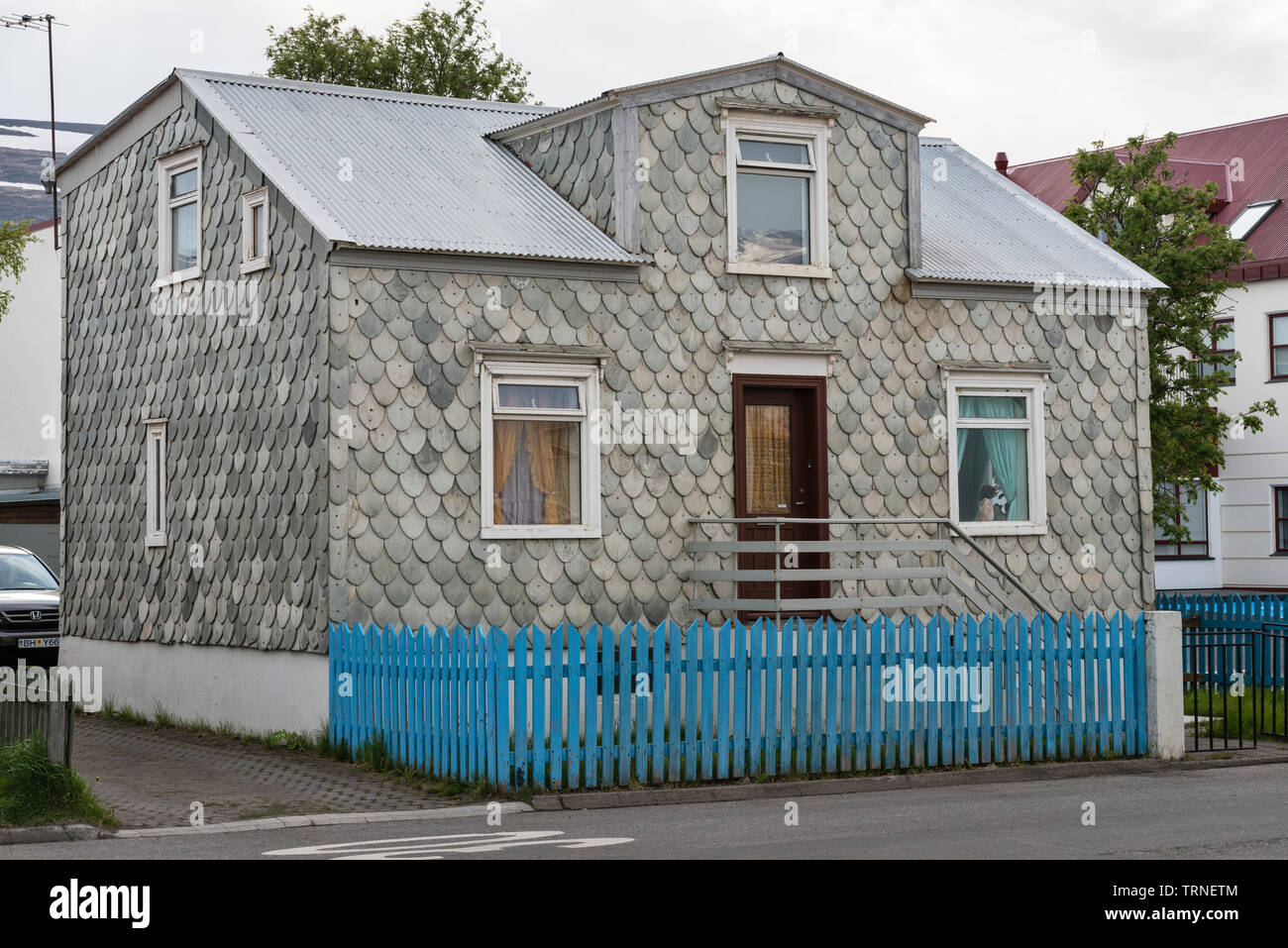 Akureyri, north Iceland. An old house covered with rounded slate