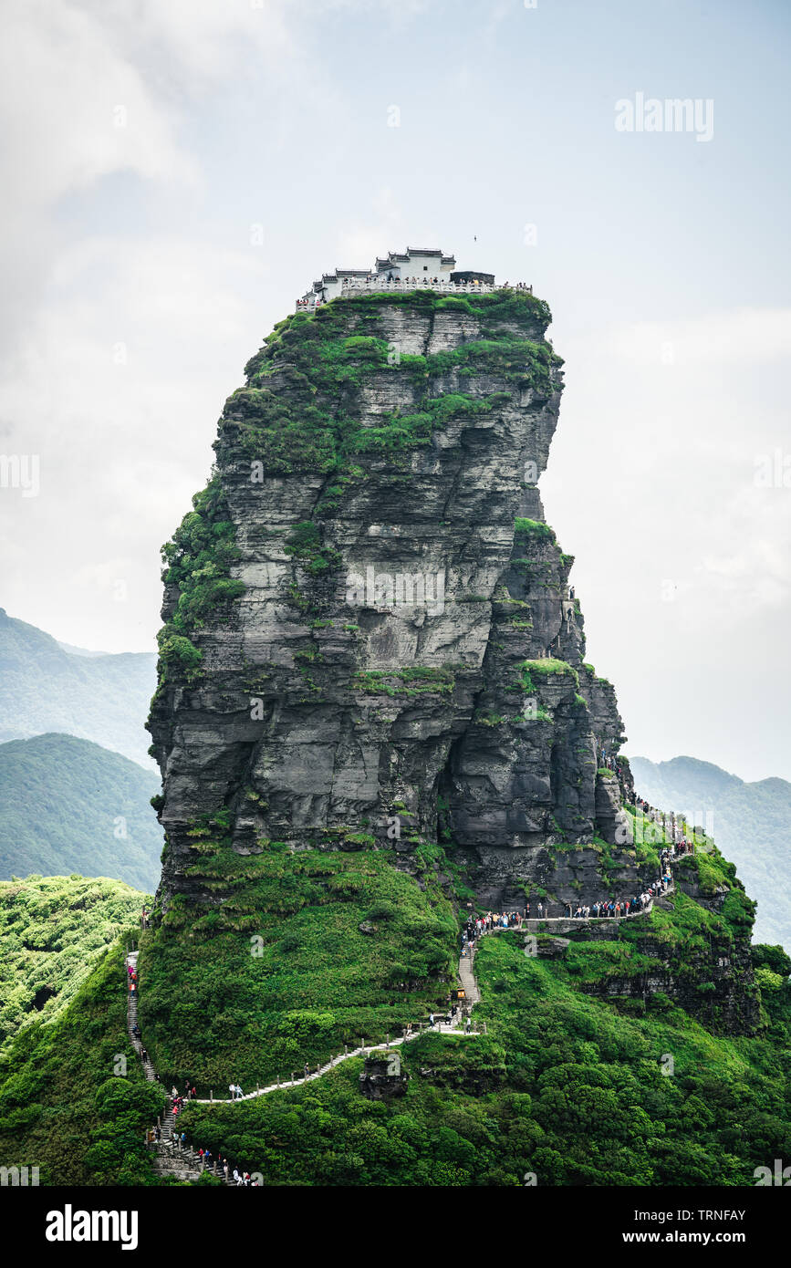 Fanjing mountain scenery with vertical view of the new golden summit with Buddhist temple on the top in Guizhou China Stock Photo