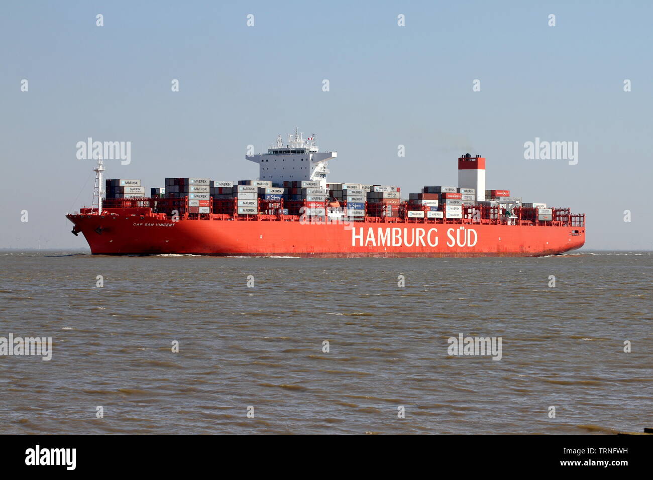 The container ship Cap San Vincent passes on 17 April 2019 Cuxhaven on the way to the North Sea. Stock Photo