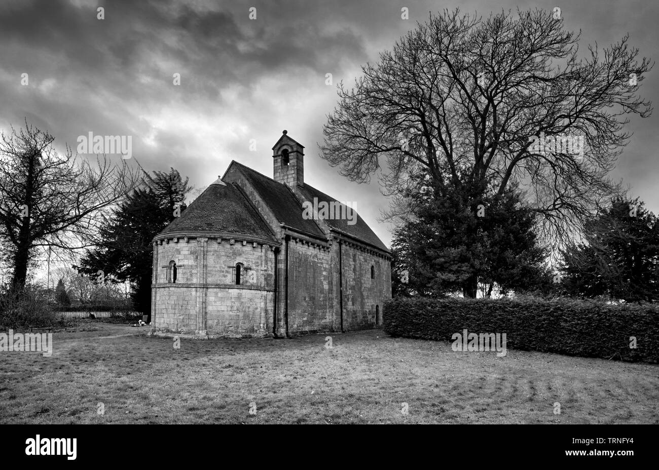 All Saints Chapel, Steetley, under storm clouds, in Mono Stock Photo