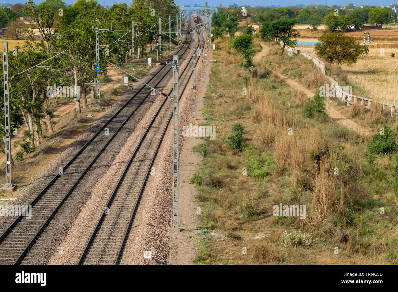 Railway track, traction power line rail corridor Stock Photo