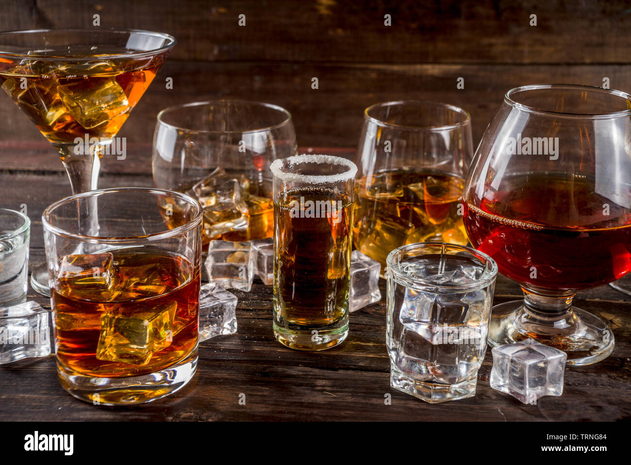 Assortment various hard and strong alcoholic drinks in different