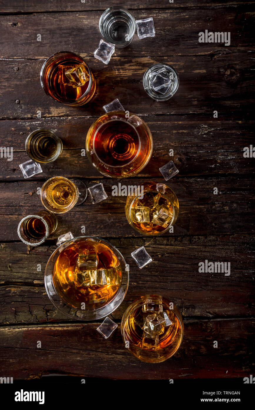 Assortment various hard and strong alcoholic drinks in different