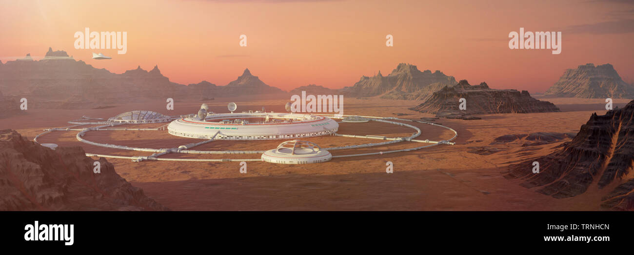 colony on Mars, first martian city in desert landscape on the red planet Stock Photo