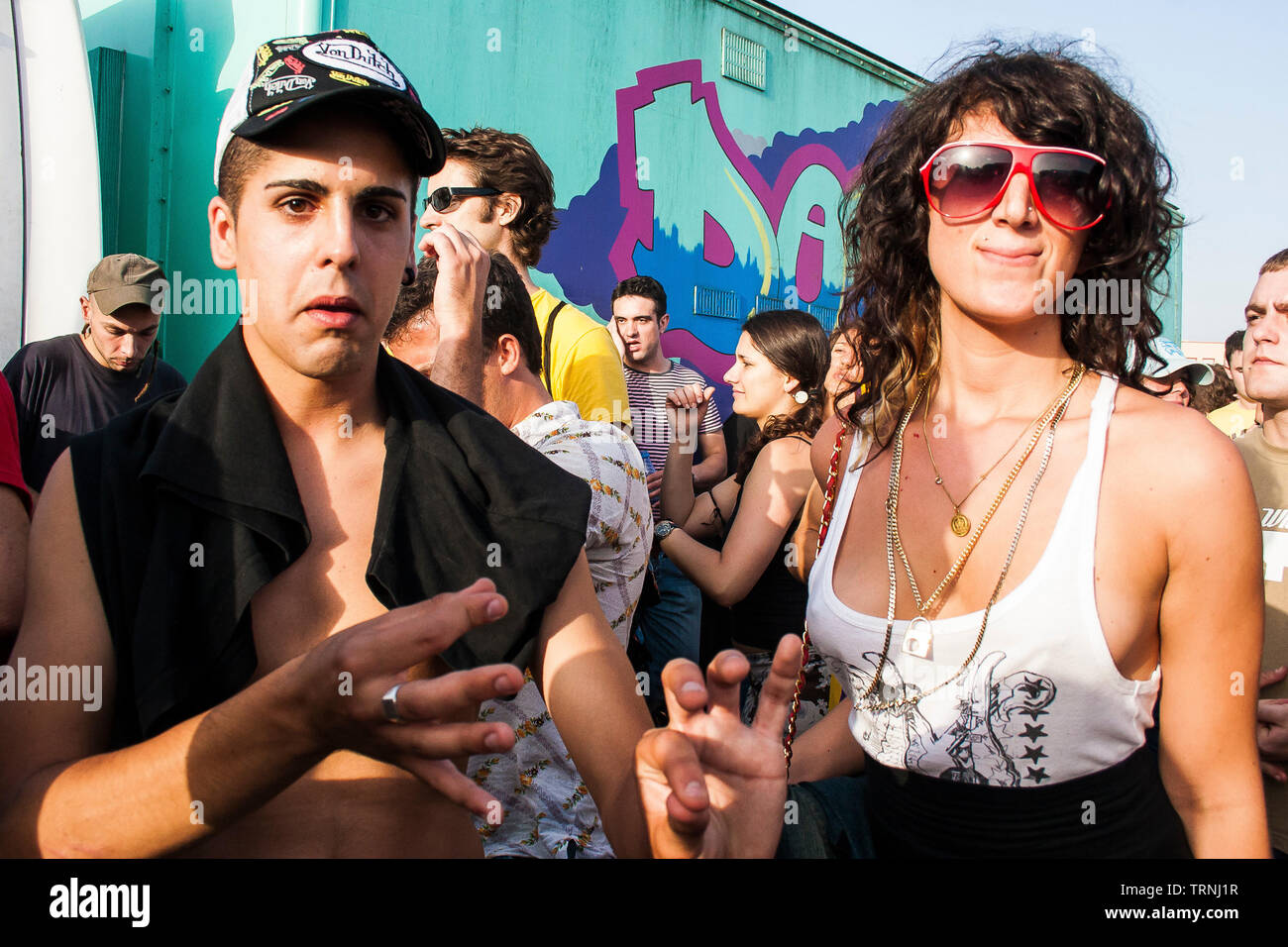 Couple dancing at Anti-Sonar free illegal squat party rave outside Sonar Festival, Barcelona, Spain Stock Photo