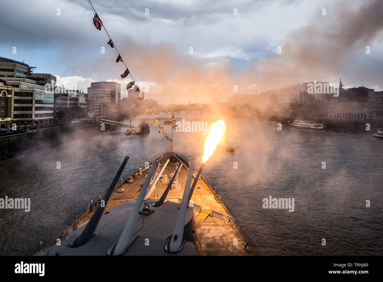 London, UK. 6th June 2019. Imperial War Museum marks 75th anniversary of the D-Day landing on board HMS Belfast. Three forward Guns are fired three times at 11:00am. Credit: Guy Corbishley/Alamy Live News Stock Photo