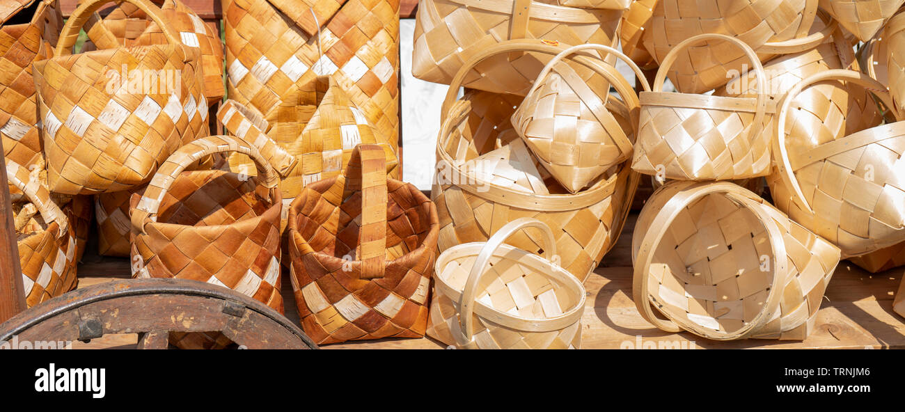 Baskets are made by hand from bast. Stock Photo