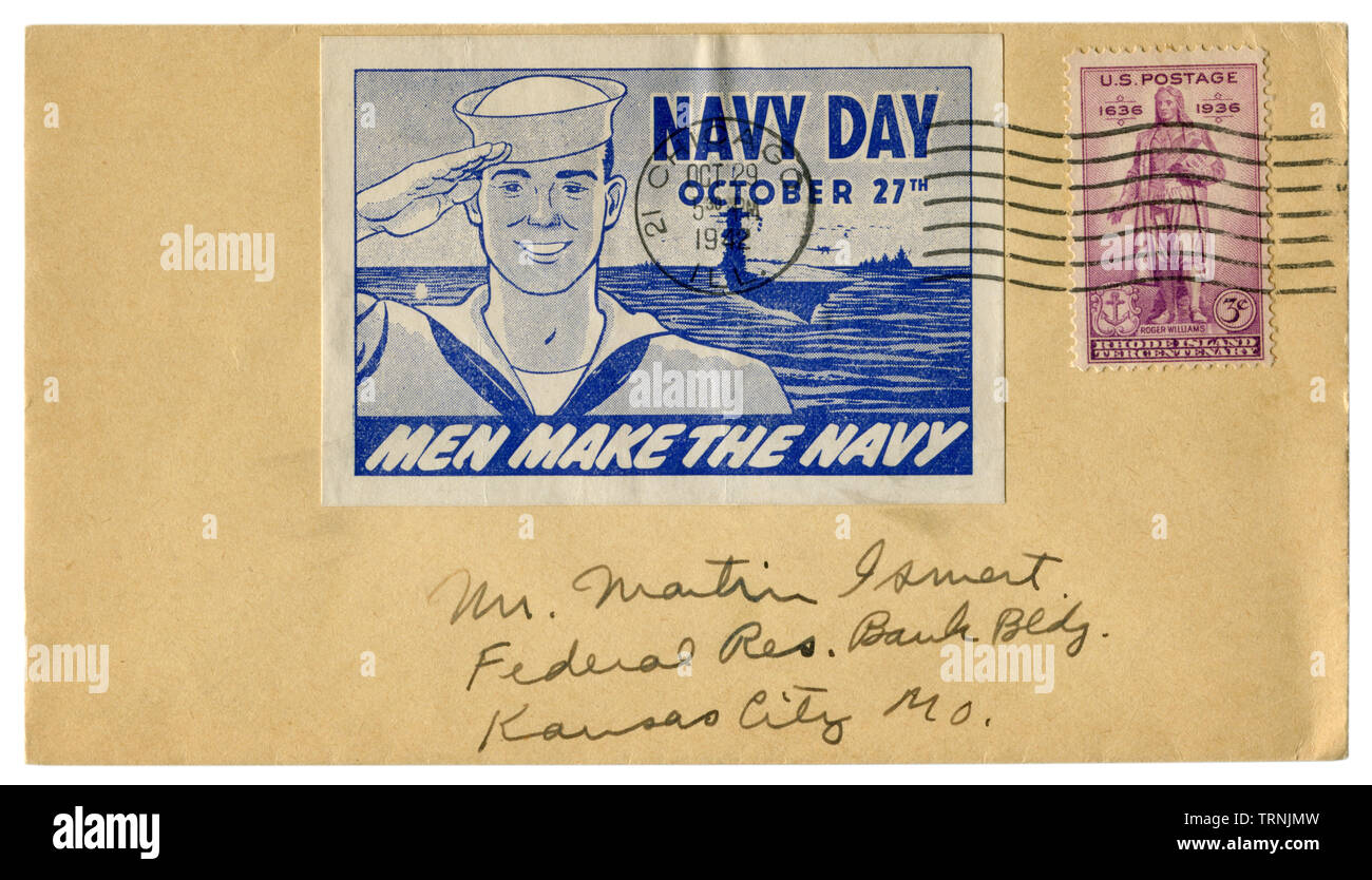 Chicago, Illinois, The USA, 29 October 1942: US historical envelope: cover with a sticker Navy Day, Men make the Navy, Sailor gives military greeting Stock Photo