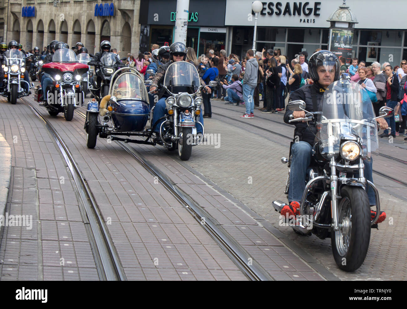 ZAGREB, CROATIA - JUNE 01 Group of motorcycle Harley Davidson fans on the Ban Jelacic Square, on June 01, 2019 in Zagreb, Croatia Stock Photo