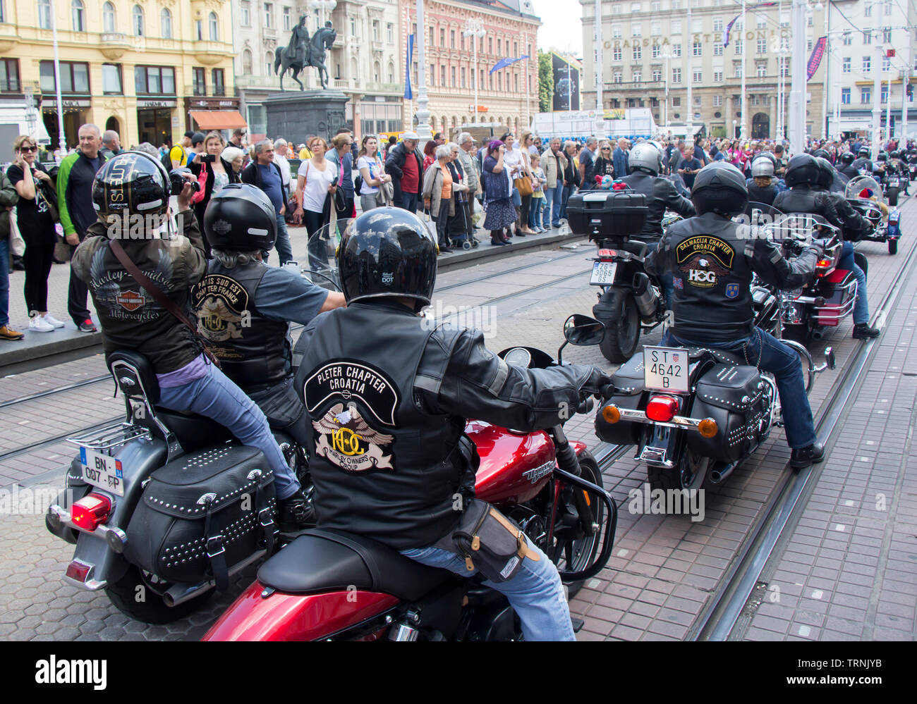 ZAGREB, CROATIA - JUNE 01 Group of motorcycle Harley Davidson fans on the Ban Jelacic Square, on June 01, 2019 in Zagreb, Croatia Stock Photo