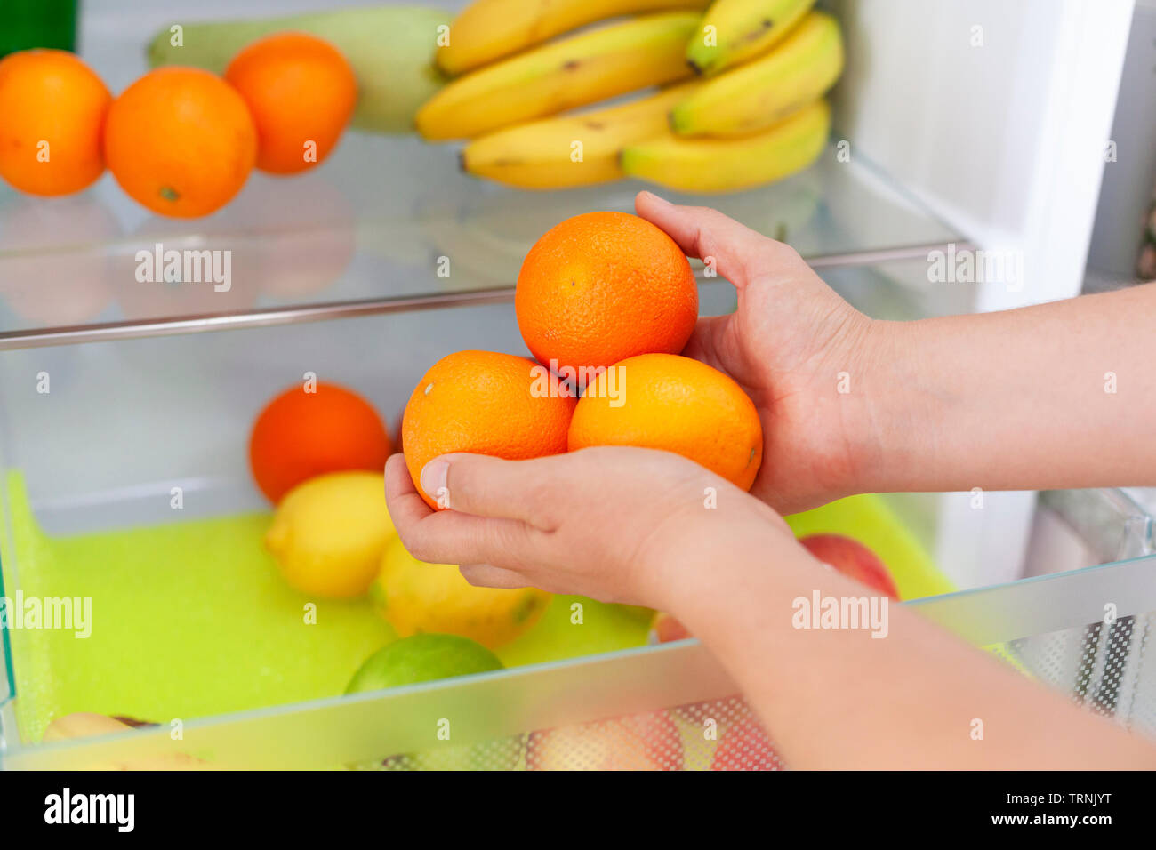 Woman getting some fresh oranges from fridge. Close up. Stock Photo