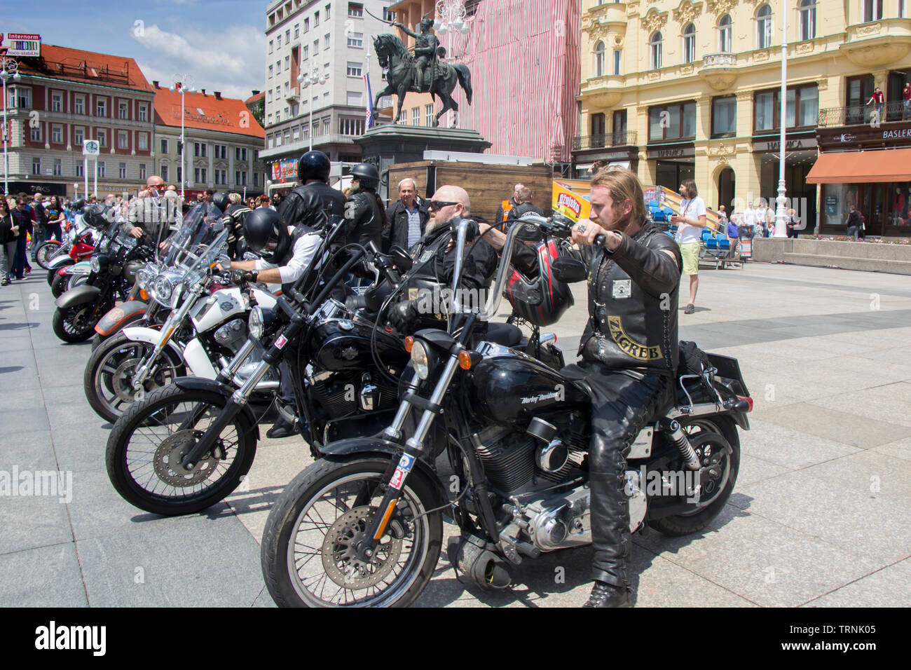 ZAGREB, CROATIA - JUNE 01 Group of motorcycle Harley Davidson fans on the Ban Jelacic Square, on June 01, 2019 in Zagreb, Croatia Stock Photo
