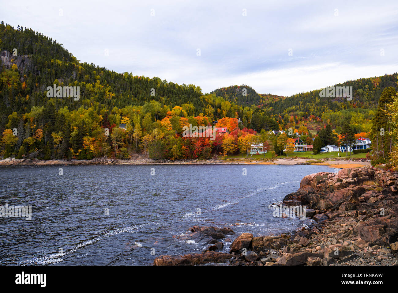 Lake view of the Sainte Rose du Nord village in Quebec. Autumn time