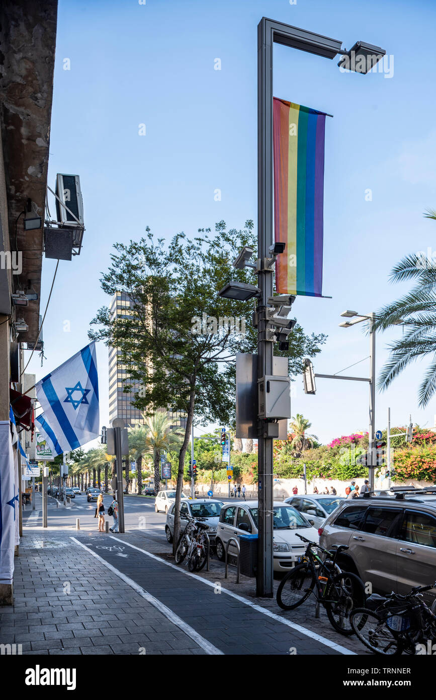 Israel, Tel Aviv-Yafo - 01 June 2019: LGBT pride flag on Shlomo Ibn Gabirol Street in central Tel Aviv Stock Photo