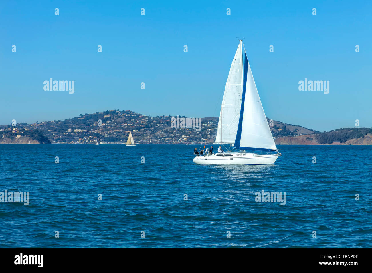 Sailing San Francisco Bay, SAN FRANCISCO, CA - DECEMBER 10, 2017: The image is of a sail boat sailing in the San Francisco Bay near the Marina Distric Stock Photo